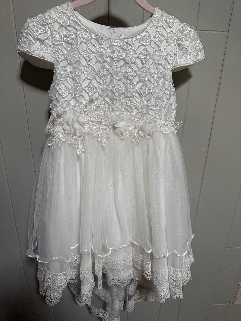 David's Bridal Ivory Lace & Tulle Floral Girls Dress